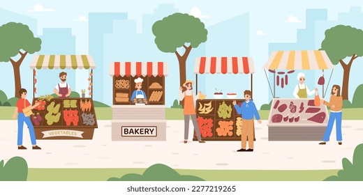 Fresh food city market. Local farm products on stall, sellers and byers. Farmers sell vegetables, fruits and meat. Cartoon bazaar snugly vector scene