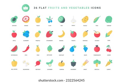 Fresh food collection with apple strawberry banana tomato cherry coconut watermelon cabbage avocado potato olive pomegranate. Fruit and vegetables trendy flat icons set vector illustration