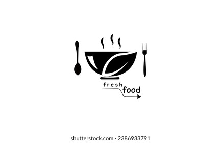 Fresh food with colored bowls and silhouetted spoon and fork ornaments, isolated on a white background