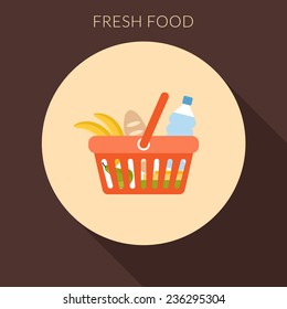 Fresh food concept. Basket with foods vector illustration in flat design style