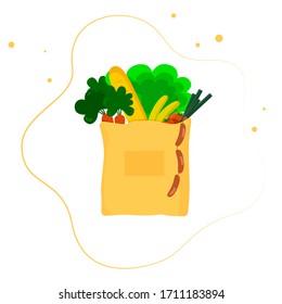 Fresh food in a craft paper bag. A variety of organic farm products. Delivery from the store. Flat illustration on a white isolated background. Fruits, vegetables, bread, onions, tomatoes, sausages