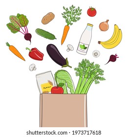 Fresh food delivery concept. Vegetables and fruits in paper bag. Organic market and healthy food print. Hand drawn vector illustration.