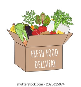 Fresh food delivery concept. Vegetables and fruits in paper box. Organic market and healthy food print. Hand drawn vector illustration.