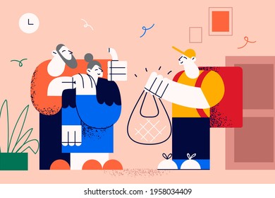 Fresh food delivery for elderly aged people concept. Senior man and woman family couple receiving food basket from courier deliveryman vector illustration 