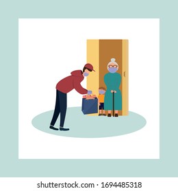 Fresh food and food delivery for the elderly. An elderly man receives a parcel. Social assistance and support. Volunteers Online ordering service during quarantine. Vector illustration.