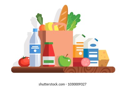 Fresh Food - Different Food And Beverage Products - Market Basket, Commodity Bundle, Grocery Shopping. Vector Illustration In Flat Style