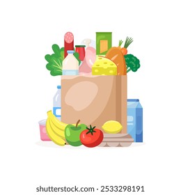 Fresh Food. Different food and beverage products - market basket, commodity bundle, grocery shopping. Vector illustration in flat style