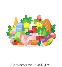Fresh Food - different food and beverage products - market basket, commodity bundle, grocery shopping. Vector illustration in flat style