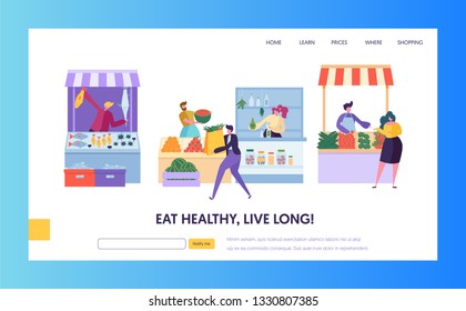 Fresh Food Farmer Organic Market Concept Landing Page. Man Customer Character Choose Vegetable Fruit Fish Seafood Website or Web Page. Healthy Ecomarket Flat Cartoon Vector Illustration