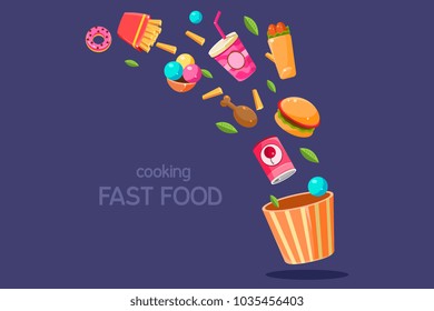 Fresh food flying into a box, cooking fasr food vector Illustration on a blue background