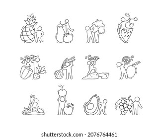 Fresh food, fruit and vegetable set with cute people characters. Vector doodle icons of healthy organic diet with apple, carrot, lemon, red pepper, watermelon, tomato, onion and avocado