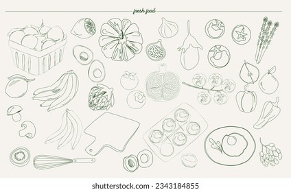 Сollection of fresh food, fruit and vegetables illustration in sketch style. Editable vector illustration.