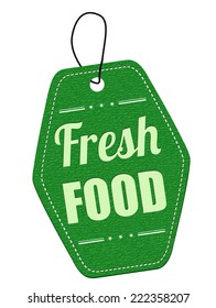 Fresh food green leather label or price tag on white background, vector illustration