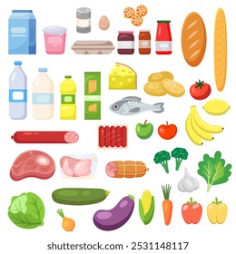 Fresh food from grocery set. Vector illustration in flat style. Different food and beverage products - market basket, grocery shopping. Milk, water, fruits, vegetables, meat, fish, bread