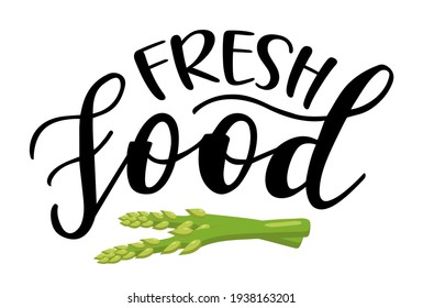 Fresh Food handwritten lettering vector emblem icon. Healthy lifestyle phrases and icon emblems for marketing cards, banners, posters, mug, notebooks, scrapbooking, pillow case and clothes design. 