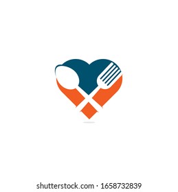 Fresh Food Heart Shape Concept Logo Template. Food Logo With, Spoon, Knife, And Fork. Healthy Food Logo Template Vector	