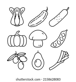 Fresh food icon set simple design, fresh vegetable and fruit drawing in black lines on white background.