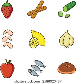Fresh food icons consist of strawberries, cucumber, bread, chicken wings, lemon, garlic, apple, and fish in colorful style