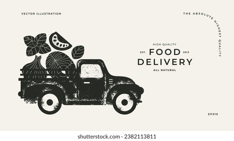 Fresh food ingredients. Delivery silhouette design template. Classic vintage pickup truck with food.