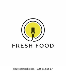 Plantilla de diseño del logotipo de Fresh Food. Color de la mano del vector como fondo de ilustración. Símbolo gráfico del icono del tenedor para café, restaurante, negocio de cocina. Etiqueta lineal moderna de restauración, emblema, placa en círculo