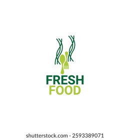 Fresh Food Logo Design Vector Template. Fresh spoon fork bowl and leaf Logotype Concept