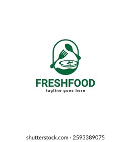 Fresh Food Logo Design Vector Template. Fresh spoon fork bowl and leaf Logotype Concept