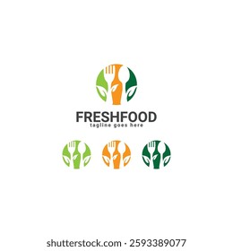 Fresh Food Logo Design Vector Template. Fresh spoon fork bowl and leaf Logotype Concept