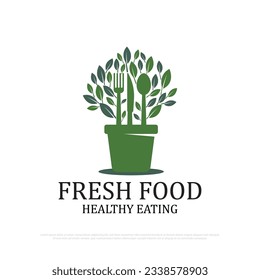  Fresh food logo design vector,health organic plants growing in the pots vector illustrations template