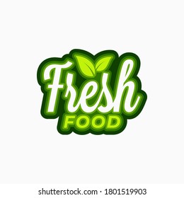 Fresh food logo. Lettering fresh food with green leafs on white background