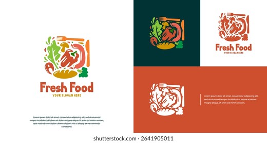 fresh food logo with meat and vegetables , healthy food service , graphic vector illustration.