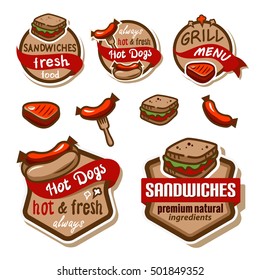 Fresh food logos, BBQ and Grill elements, sandwiches and hot dogs emblems. Typographical Design Label or Sticker. Design Template. Vector illustration for your design.