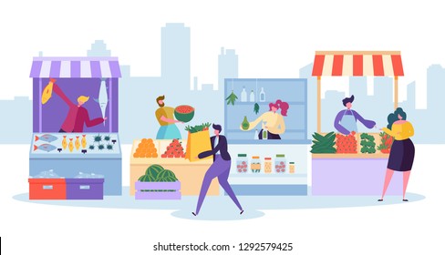 Fresh Food Market Stand. Organic Local Farm Store. Man Customer Character Buy Grocery and Fish in Small Eco Shop. Healthy Goods Supermarket Shelf Concept Flat Cartoon Vector Illustration