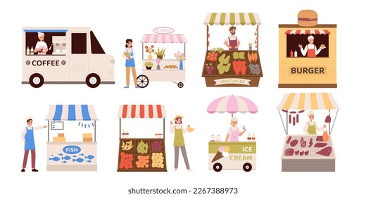 Fresh food market vendors. Local products seller, fish and fresh fruits and vegetables. Flowers and coffee, burger stall. Cartoon sellers snugly vector set