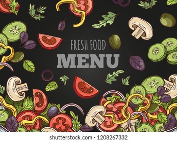 Fresh food menu cover vector template. Hand sketched vegan salad on chalkboard background. Illustration of sketch organic and vegetarian fresh vegetable