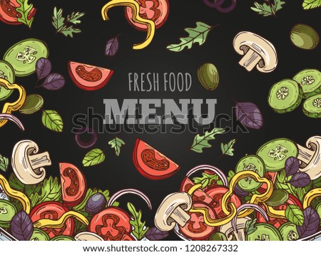 Fresh food menu cover vector template. Hand sketched vegan salad on chalkboard background. Illustration of sketch organic and vegetarian fresh vegetable