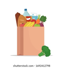 Comida fresca en una bolsa de papel. Diferentes productos de comida y bebida, compras de comestibles. Frutas, verduras, jamón, yogur, pan, leche. Ilustración del vector en estilo plano