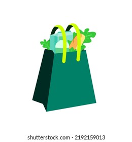 Fresh Food in a paper bag green - vector illustration in flat style. grocery shopping. vegetables, bread and milk