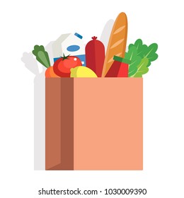 Fresh Food in a paper bag - vector illustration in flat style. Different food and beverage products, grocery shopping. Fruits, vegetables, ham, cheese, bread, milk