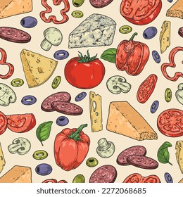 Fresh food pattern seamless colorful with tomatoes and champignons for pizza and salad with cheese and salami vector illustration