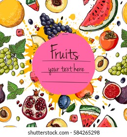 Fresh food. Pineapple, mango, grape, kiwi, figs, banana, plum, orange line drawn on a white background. Vector illustration.