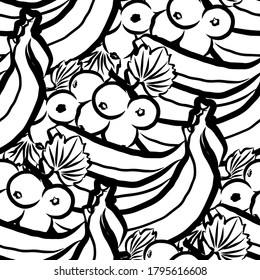 Fresh food seamless pattern. Black and white hand drawn illustration. Icon sign for print and labelling.