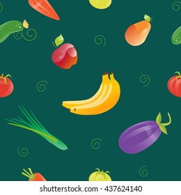 Fresh Food Seamless Pattern with Different Fruits and Vegetables. Vector background