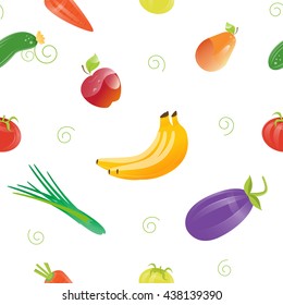 Fresh Food Seamless Pattern with Different Fruits and Vegetables. Vector background