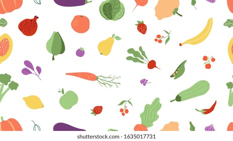 Fresh food seamless pattern. Vegetables, fruits texture. Farm agricultural products vector background