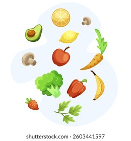 Fresh food set with fruits and vegetables on white background. Vector illustration