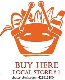 Fresh Food Shopping Logo design template with smiling cartoon shopping cart.