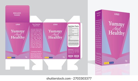 Fresh food snacks box packaging die-cut template, including box mockup and unfolded die-cut layout. Red and black color theme. Vector illustration.