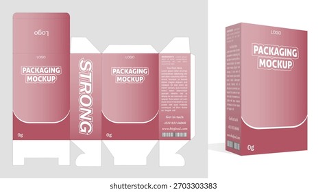 Fresh food snacks box packaging die-cut template, including box mockup and unfolded die-cut layout. Red and black color theme. Vector illustration.