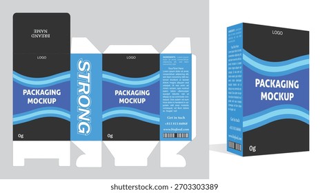 Fresh food snacks box packaging die-cut template, including box mockup and unfolded die-cut layout. Red and black color theme. Vector illustration.