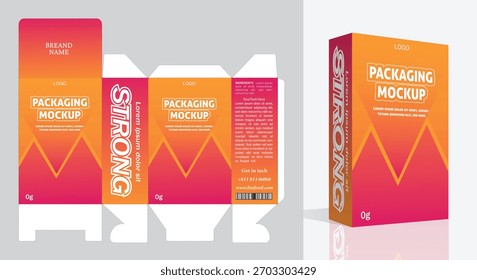 Fresh food snacks box packaging die-cut template, including box mockup and unfolded die-cut layout. Red and black color theme. Vector illustration.